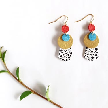 Layered Circles Spotted Leather Statement Earrings - Hand Painted on Reclaimed Leather in Gold, Red and Blue 