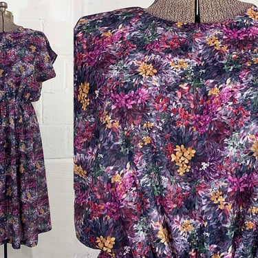 Vintage Floral Dress Abstract Fit & Flare Pink Purple Flower Short Sleeve Flowers Anthony Richard Curvy Volup XL 1980s 