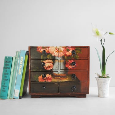 Vintage Wood Drawer Box with 8 Drawers and a Hand Painted Flowers on the Front and Top 