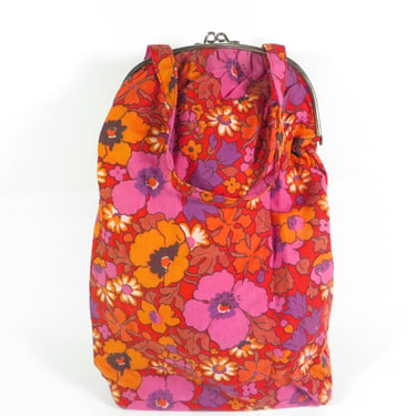Vintage Mod Flowered Fabric Curler Cosmetic Bag - Long Flower Vinyl Lined Cosmetics Bag 