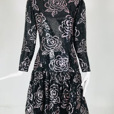 Oscar de la Renta Black & Pink Sequin Encrusted Roses Evening Dress 1980s