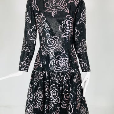 Oscar de la Renta Black &amp; Pink Sequin Encrusted Roses Evening Dress 1980s