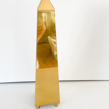 Tall Brass Obelisk on Ball Feet. 1980 Metallic Gold Statue. Tall Footed Obelisk made in Hong Kong. 