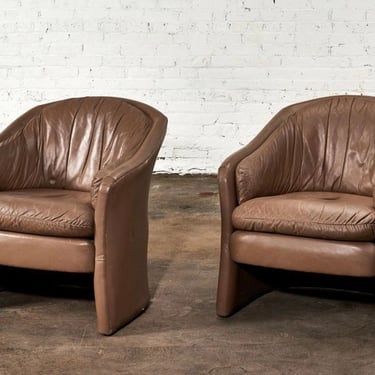 Pair Brown Leather Barrel Chairs, 1980