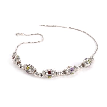 Vintage Sterling Silver Multi-Gemstone Metal Barrel Bead Necklace, Colorful 925 Silver Necklace, Multi-Color Gemstone Silver Necklace, 16in 
