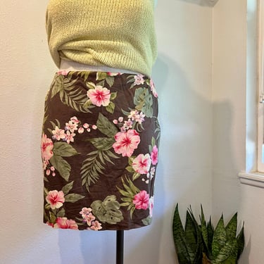 Jones Vintage 90s Brown Tropical Floral Print Cotton Summer Mini Skirt Size 14 