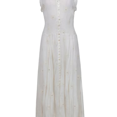 Raga for Anthropologie - White Floral Embroidered Ruffled Sleeveless Maxi Dress Sz M