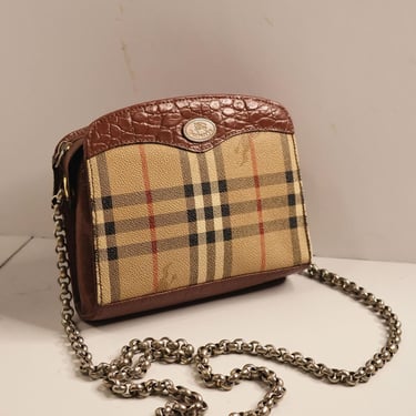 Vintage BURBERRY 90s Nova Check Canvas and Leather Mini Chain Strap Crossbody Bag Burberry's Haymarket Horse Check Plaid 