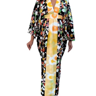 Morphew Collection Japanese Kimono Silk Yellow With Cherry Blossom Print Trim Kaftan 