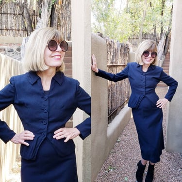 1950s Navy Blue Wool Blend Skirt Suit Carson Pirie Scott Collegiene Moordale Junior Suits /Blazer Matching Wiggle Skirt Office Secretary / S 