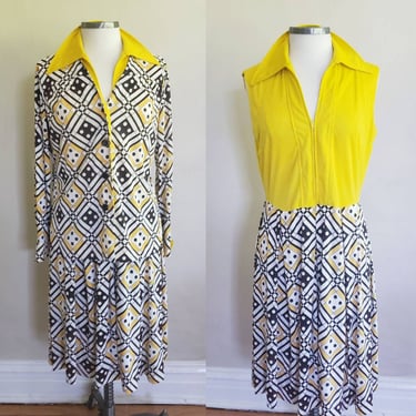 60s Dress Suit in Bold Geometric Grid Dice Print and Yellow / 1960s Zip up Dress and Matching Jacket 1920s Style / Serbin Muriel Ryan L 