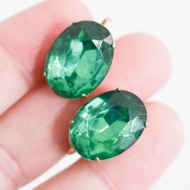 1950s/60s Coro Green Oval Glass Rhinestone Screw Back Earrings 