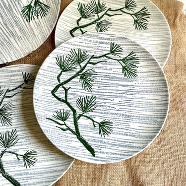 4 Vintage Dinner Plates, Desert Pine by Primrose China - Dark Green and Grey Gray, Mid Century Modern MCM, Lodge, Lake House, Camp Decor 