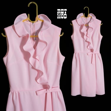 Adorable Sassy Vintage 60s 70s Pastel Pink Sleeveless Dress with Ruffles & Bow 