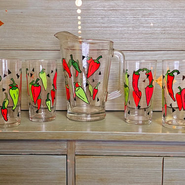 Mid Century Pitcher Glass Peppers Set 