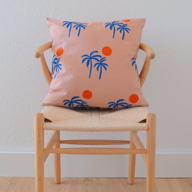 block printed throw pillow cover. palm sunset. 20" x 20". boho decor. organic & eco-friendly. hand printed pillow. neutral. oatmeal. flax. 