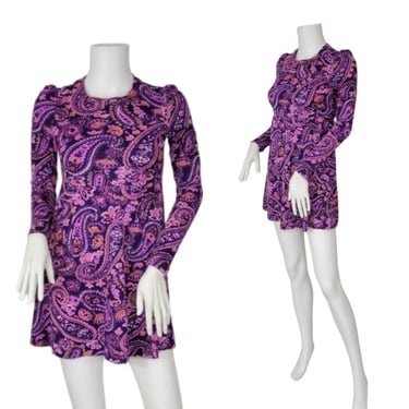 1970's Purple Paisley Psychedelic Print Short Babydoll Dress I Sz Sm I Patina 