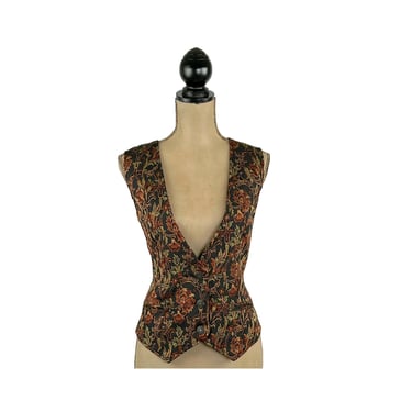 90s Floral Tapestry Vest, Damask Baroque Waistcoat, Cinch Back Black Rust Brown Fall Academia, 1990s Clothes Women Vintage Small-Medium 