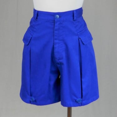 80s Vivid Blue Shorts - 24" waist - Unusual Inverted Pleat and Button Detail - High Waisted - Pretty Victory - Vintage 1980s - XS 