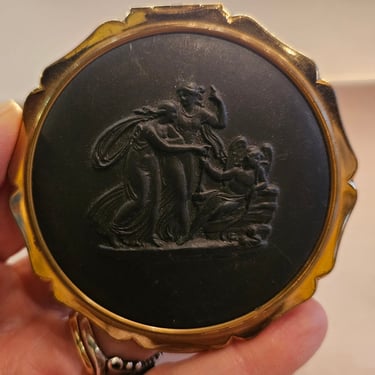 Vintage Stratton Wedgewood Compact in Black Basalt Cameo style 
