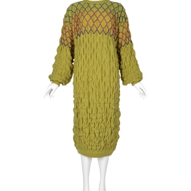 Issey Miyake Vintage Late 1970s Chartreuse Diamond Smocked Ruched Wool Knit Sweater Dress