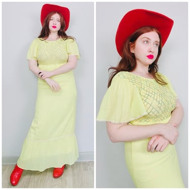 1970s Vintage Deadstock Peggy Barker Rainbow Threaded Prairie Dress / Yellow Flutter Sleeve Cotton Maxi Gown / Size Medium 