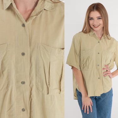 Green Blouse 90s Button Up Shirt Retro Plain Simple Short Sleeve Cotton Top Chest Pocket Preppy Basic Safari Shirt Vintage 1990s Medium 