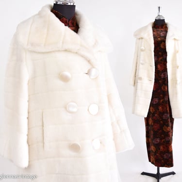 1960s White Faux Fur Coat |  60s White Double Breasted Short Coat | Large 