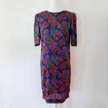 80s Short Sleeve Leaf Print Dress | Small 