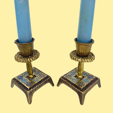 Vintage Hen Holon Candlestick Holders Retro 1960s Mid Century Modern + Jewish + Brass Metal + Gold/Blue Colors + Set of 2 + Made in Israel 