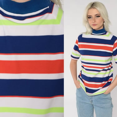 70s Striped Shirt Mod Mock Neck Top White Blue Neon Green 1970s Blouse Vintage Short Sleeve Shirt Hipster Normcore Seventies Medium 