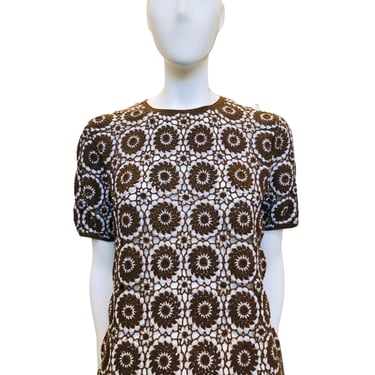 1960's Brown And White Hand Crocheted Floral Knit Top