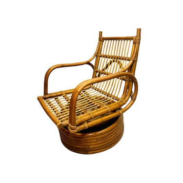 1970s Boho Chic Mid Century Rattan Bamboo Swivel Lounge Chair 