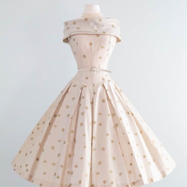 Iconic 1950's Gold Champagne Polka Dot Party Dress By Janet Leigh for Natlynn Juniors / SM