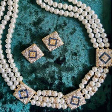 1950s Multi- Strand Glass Pearl &amp; Blue Crystal Bridal Necklace &amp; Earring Set