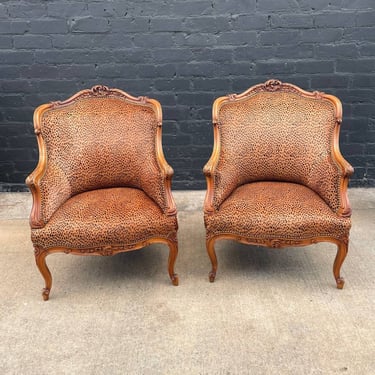 Antique French Louis XVI Provincial Brown Velvet Painted Armchairs