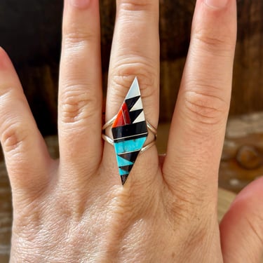 CLEO KALLESTEWA Multi Stone Inlay Zuni Ring | Mother Of Pearl Turquoise Jet Spiny Oyster Silver | Native American Southwest Jewelry | Size 7 