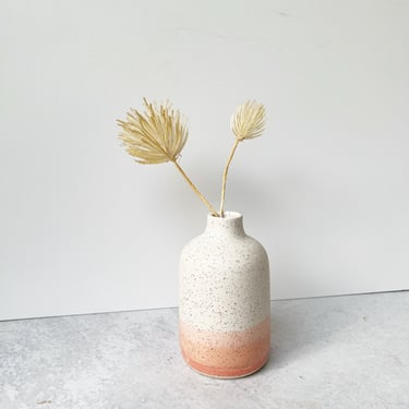 White and Pink Handmade Bud Vase in speckled clay 