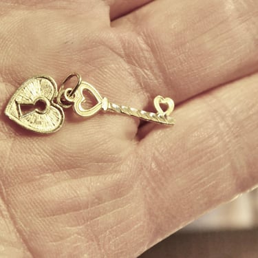 Heart Lock & Key Charm or Pendant Set Solid 14K Yellow Gold New Old Stock Gift For Her New Old Stock Pendant Necklace or Bracelet Rare 