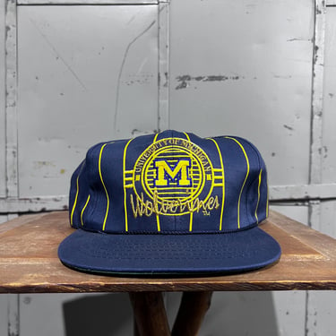 vintage University of Michigan wolverines pinstripe spellout logo hat mid crown navy yellow embroidery 