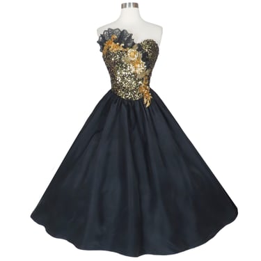 Vintage 80s Black Gold Strapless Sequin Prom Party Dress XXS Extra Small Full Skirt Taffeta Lace Beaded Loralie Formal Dance Womens Costume 