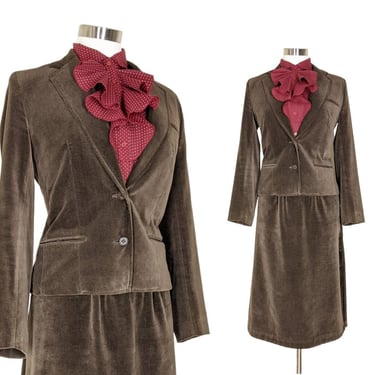 Vintage Brown Velvet Skirt Suit, Small Medium / 1970s Velvet Skirt and Jacket Set / Two Piece Cotton Retro Officewear Business Suit 