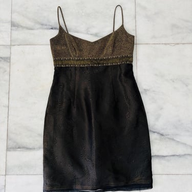 90s Vintage Laundry Shelli Segal Dress Silk Black Gold Empire Waist Spaghetti Strap Lined Metallic 8 USA 
