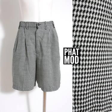 Cute Vintage 80s 90s Black &amp; White Houndstooth Patterned High-Waisted Shorts 