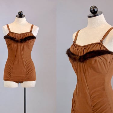 50s Swimwear // 1950s Brown Bathing Suit w/ Mink Trim // S-M 