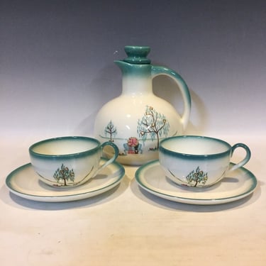 Vintage Brock of California Teapot And 2 Tea Cup Saucer Sets, "forever yours" theme, retro kitchen decor, tea party, 1950s kitchen decor 