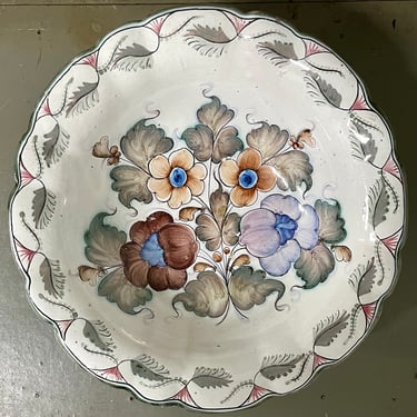 Large Vintage Portuguese Handpainted Bowl Floral Flowers Pastel Decorative Bowl Serving Ceramic Porcelain White European Signed 