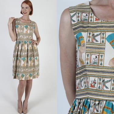 50s Egyptian Pharaoh Print Mid Century Dress, Vintage Full Circle Skirt MCM Outfit, All Over Print Rockabilly Frock 