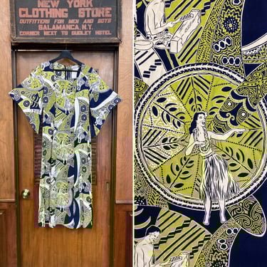 Vintage 1940’s Hula Girl Deco Silky Rayon Batwing Pake Muu Hawaiian Dress, Poi Pounder Tog Label, 1940s Dress, Pake Muu, Hawaiian Dress 