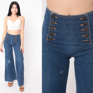 70s Bell Bottom Jeans Saddleback Dark Blue Denim Pants Nautical Flower Patch High Waisted Rise Retro Hippie Flared Vintage 1970s Small S 